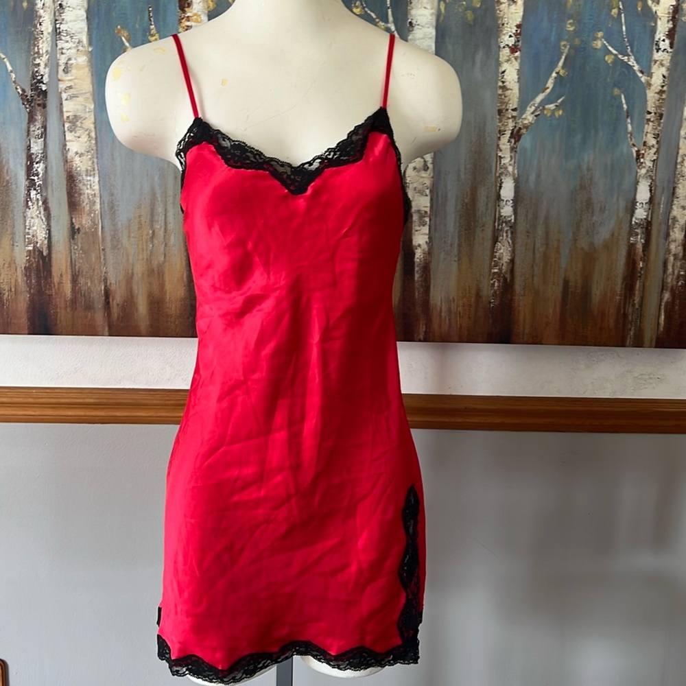 Victoria's Secret Red Satin Slip/chemise lingerie with Black Lace Trim